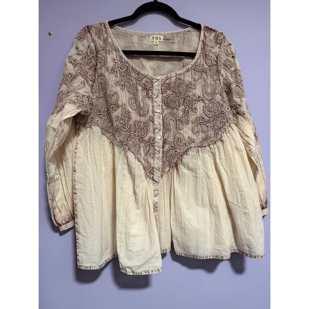 POL Boho Embroidered Paisley Button Front Tunic Top S
